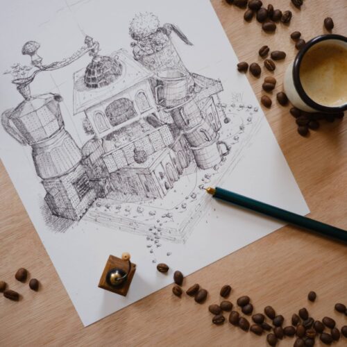 dessin ; croquis ; oeuvre originale ; atelier du lys ; Montpellier ; suzon bastide ; onirique ; rêve ; poésie ; café ; ville ; café en ville ; stylo ; encre ; noir ; imagination ; illustration ; reproduction