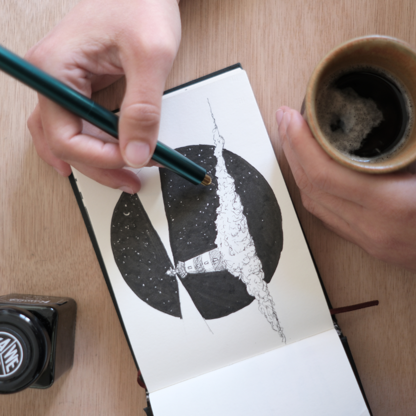 linogravure ; oeuvre originale ; atelier du lys ; Montpellier ; suzon bastide ; croquis ; dessin ; oeuvre ; café ; processus ; créatif