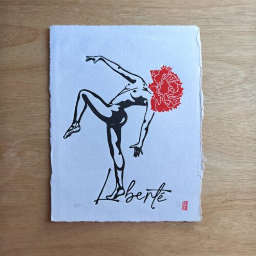 linogravure ; oeuvre originale ; atelier du lys ; Montpellier ; suzon bastide ; onirique ; rêve ; poésie ; fleurs ; liberté ; égalité ; sororité ; féministe ; féminisme ; femme ; floral