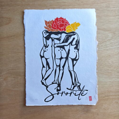 linogravure ; oeuvre originale ; atelier du lys ; Montpellier ; suzon bastide ; onirique ; rêve ; poésie ; fleurs ; liberté ; égalité ; sororité ; féministe ; féminisme ; femme ; floral