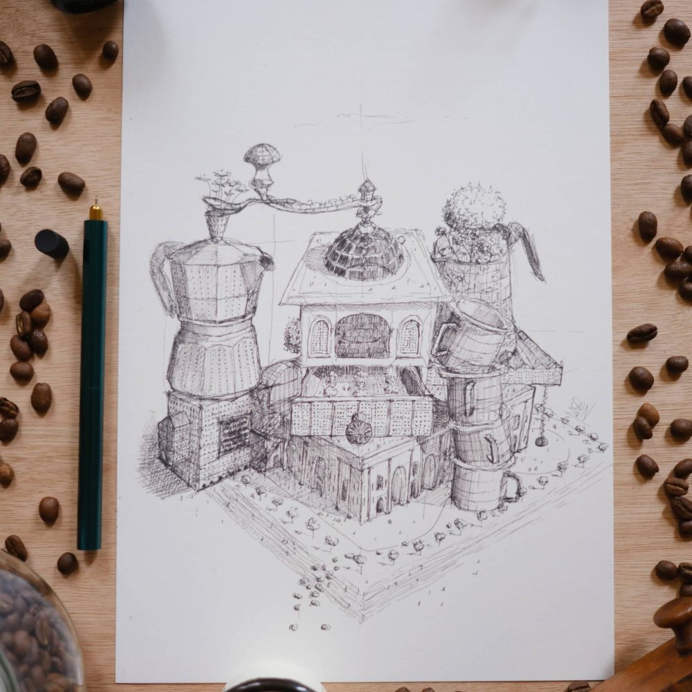 dessin ; croquis ; oeuvre originale ; atelier du lys ; Montpellier ; suzon bastide ; onirique ; rêve ; poésie ; café ; ville ; café en ville ; stylo ; encre ; noir ; imagination ; illustration ; reproduction