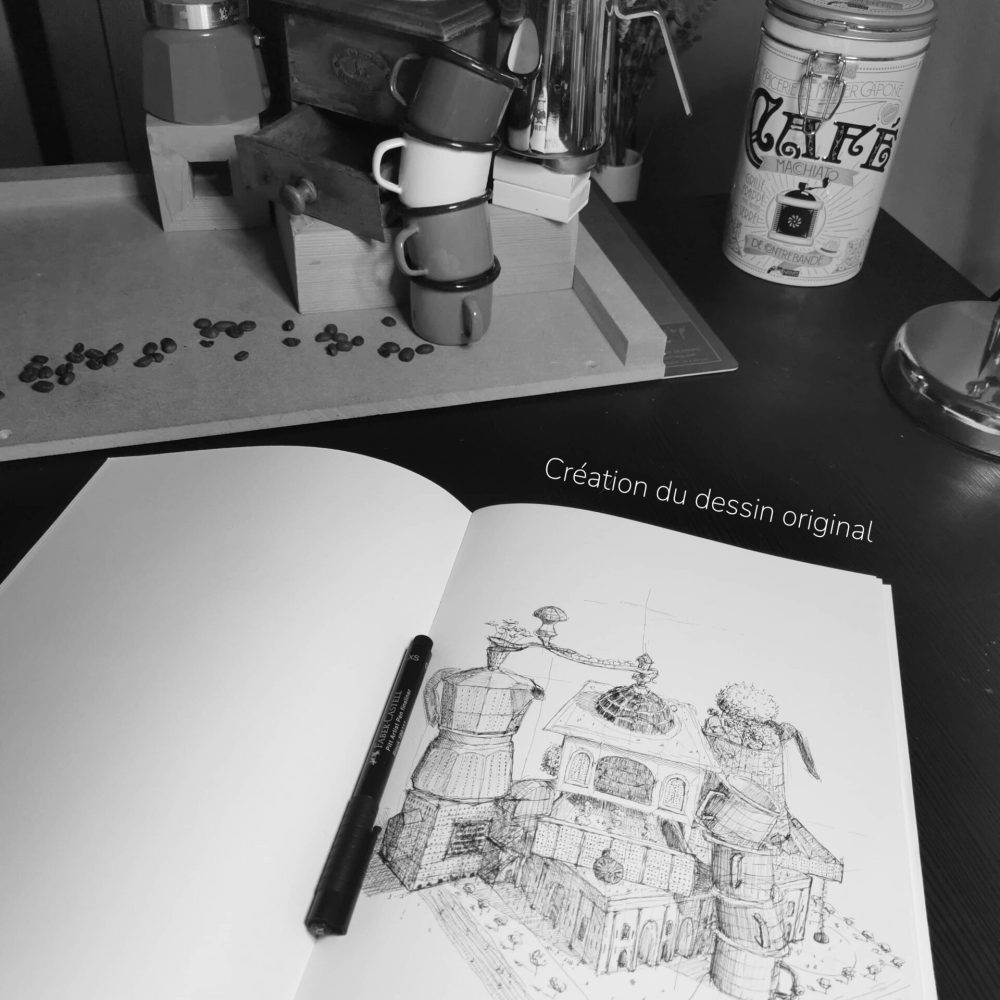 dessin ; croquis ; oeuvre originale ; atelier du lys ; Montpellier ; suzon bastide ; onirique ; rêve ; poésie ; café ; ville ; café en ville ; stylo ; encre ; noir ; imagination ; illustration ; reproduction