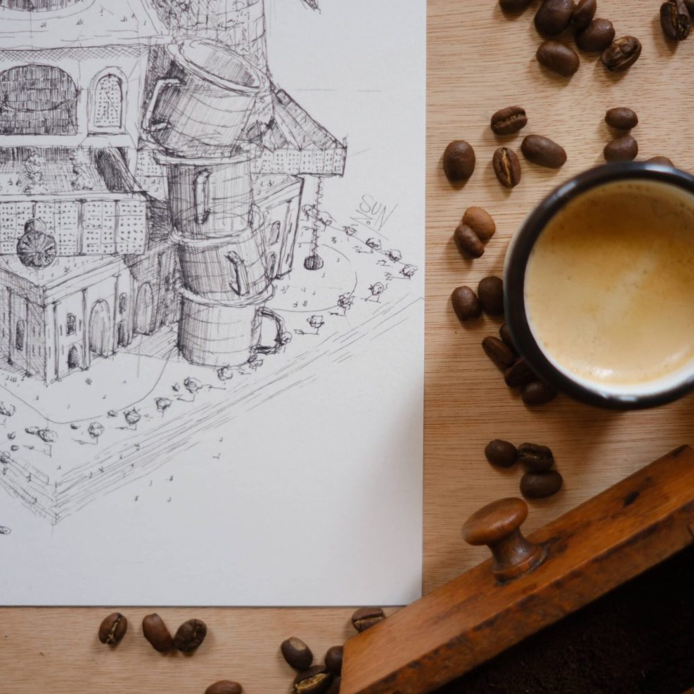 dessin ; croquis ; oeuvre originale ; atelier du lys ; Montpellier ; suzon bastide ; onirique ; rêve ; poésie ; café ; ville ; café en ville ; stylo ; encre ; noir ; imagination ; illustration ; reproduction