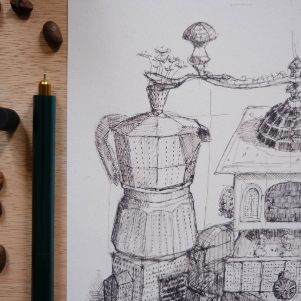 dessin ; croquis ; oeuvre originale ; atelier du lys ; Montpellier ; suzon bastide ; onirique ; rêve ; poésie ; café ; ville ; café en ville ; stylo ; encre ; noir ; imagination ; illustration ; reproduction