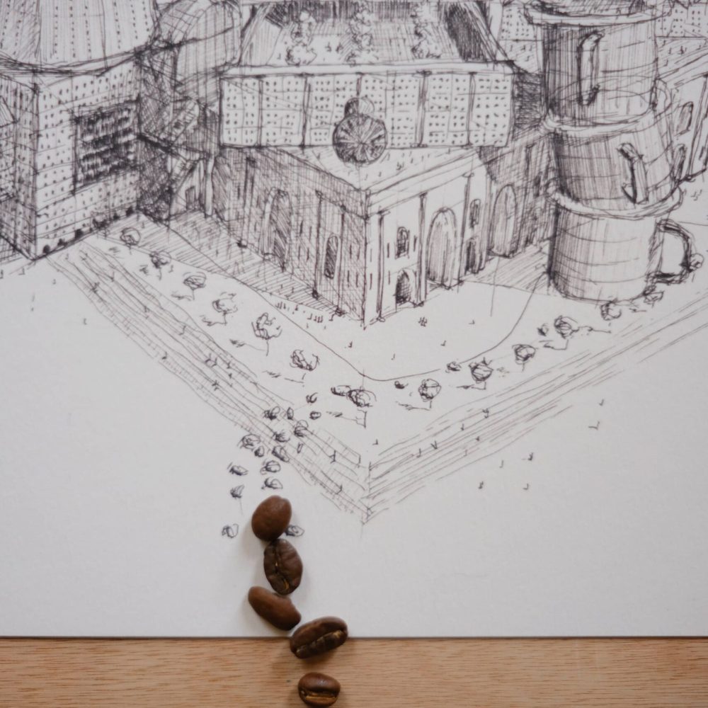 dessin ; croquis ; oeuvre originale ; atelier du lys ; Montpellier ; suzon bastide ; onirique ; rêve ; poésie ; café ; ville ; café en ville ; stylo ; encre ; noir ; imagination ; illustration ; reproduction