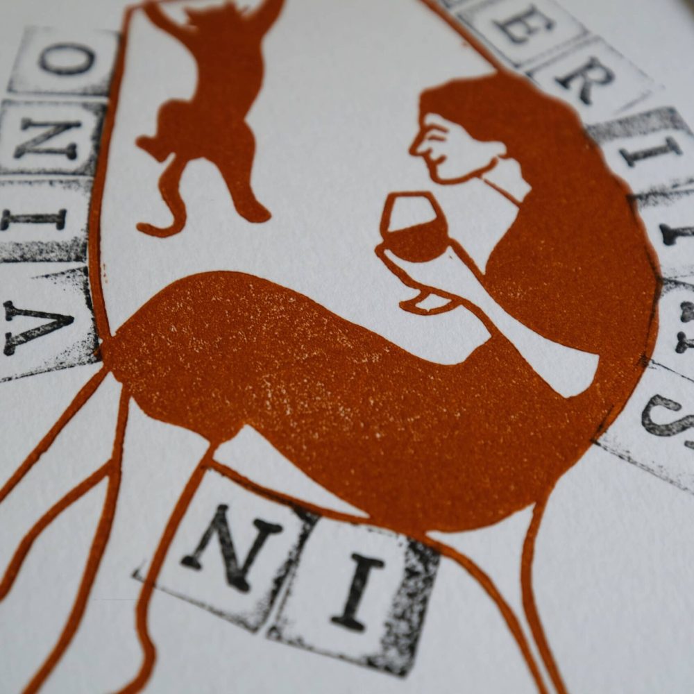 in vino veritas ; linogravure ; oeuvre originale ; atelier du lys ; Montpellier ; suzon bastide ; vin ; chat ; poésie