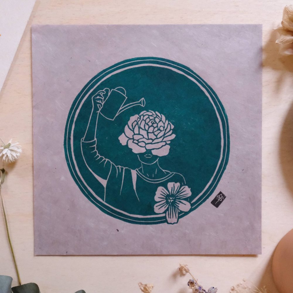 fleurir ; linogravure ; oeuvre originale ; atelier du lys ; Montpellier ; suzon bastide ; onirique ; rêve ; végétal ; amour ; selflove ; vert ; émeraude ; poésie