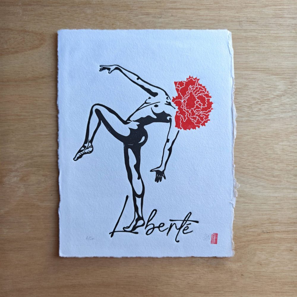 linogravure ; oeuvre originale ; atelier du lys ; Montpellier ; suzon bastide ; onirique ; rêve ; poésie ; fleurs ; liberté ; égalité ; sororité ; féministe ; féminisme ; femme ; floral