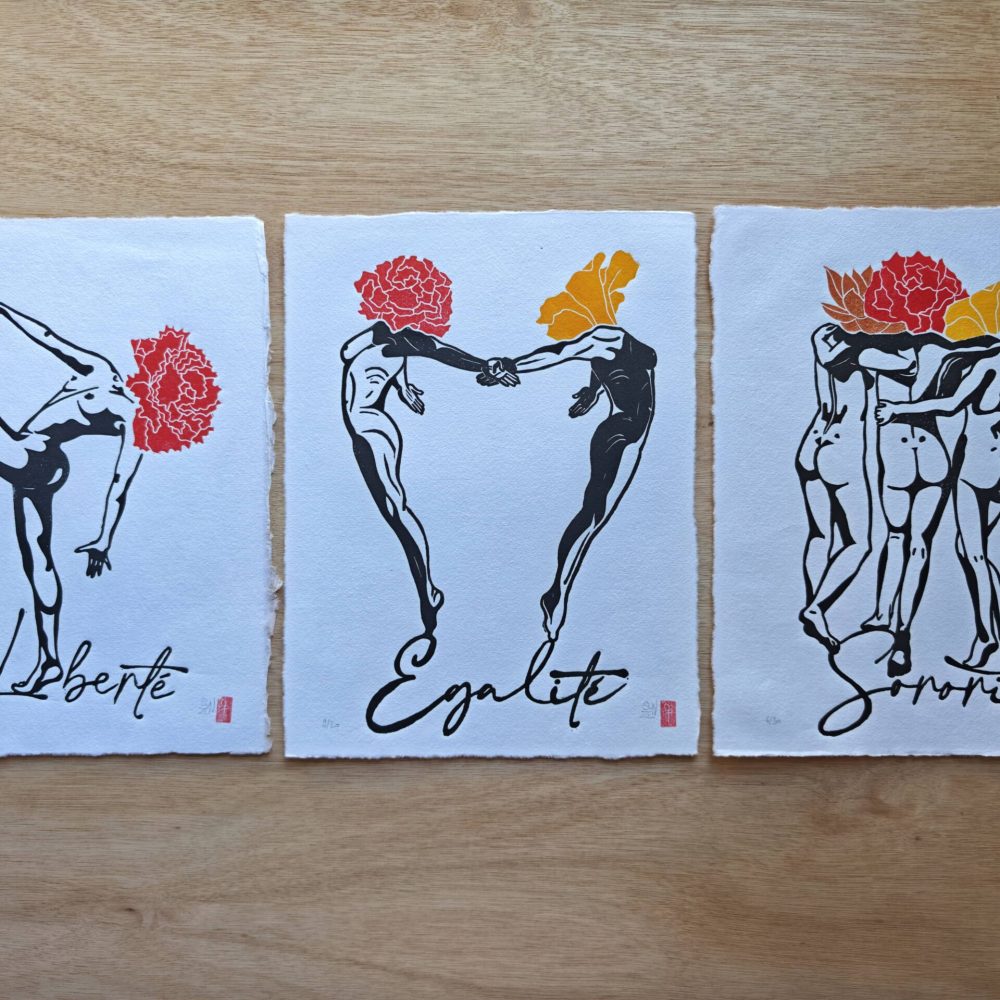 linogravure ; oeuvre originale ; atelier du lys ; Montpellier ; suzon bastide ; onirique ; rêve ; poésie ; fleurs ; liberté ; égalité ; sororité ; féministe ; féminisme ; femme ; floral