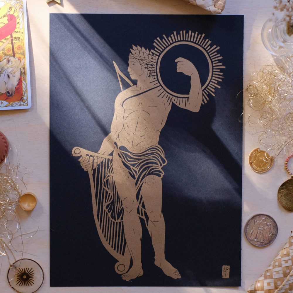 soleil antique ; apollon ; linogravure ; oeuvre originale ; atelier du lys ; Montpellier ; suzon bastide ; antiquité ; or ; doré ; soleil ; onirique ; rêve ; poésie