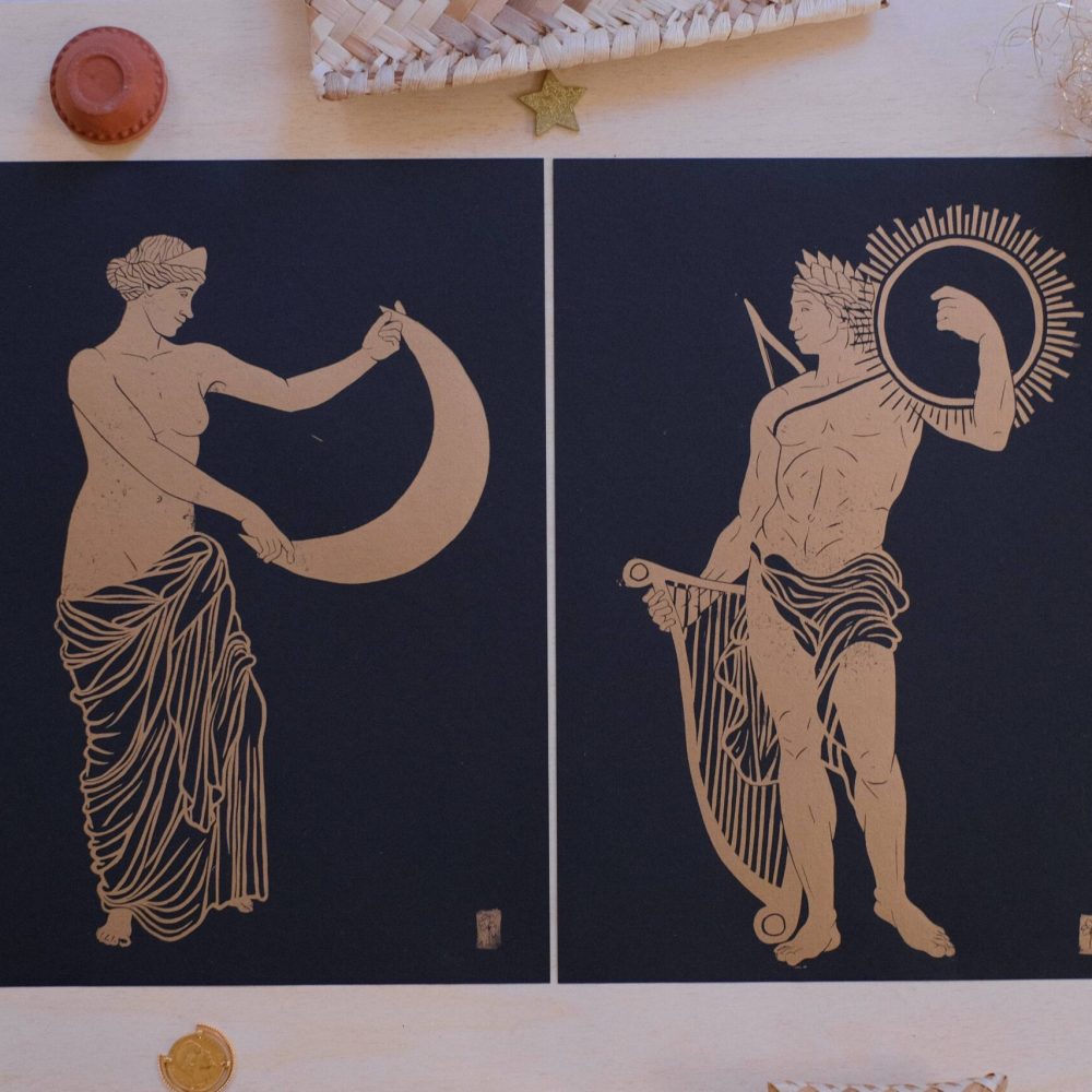 soleil antique ; lune antique ; apollon ; artemis ; linogravure ; oeuvre originale ; atelier du lys ; Montpellier ; suzon bastide ; antiquité ; or ; doré ; soleil ; onirique ; rêve ; poésie