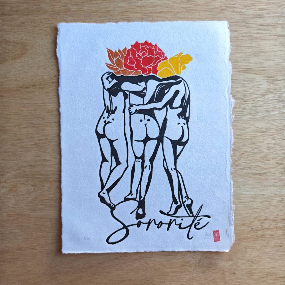 linogravure ; oeuvre originale ; atelier du lys ; Montpellier ; suzon bastide ; onirique ; rêve ; poésie ; fleurs ; liberté ; égalité ; sororité ; féministe ; féminisme ; femme ; floral