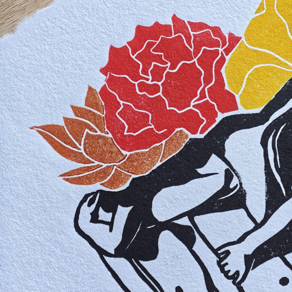 linogravure ; oeuvre originale ; atelier du lys ; Montpellier ; suzon bastide ; onirique ; rêve ; poésie ; fleurs ; liberté ; égalité ; sororité ; féministe ; féminisme ; femme ; floral