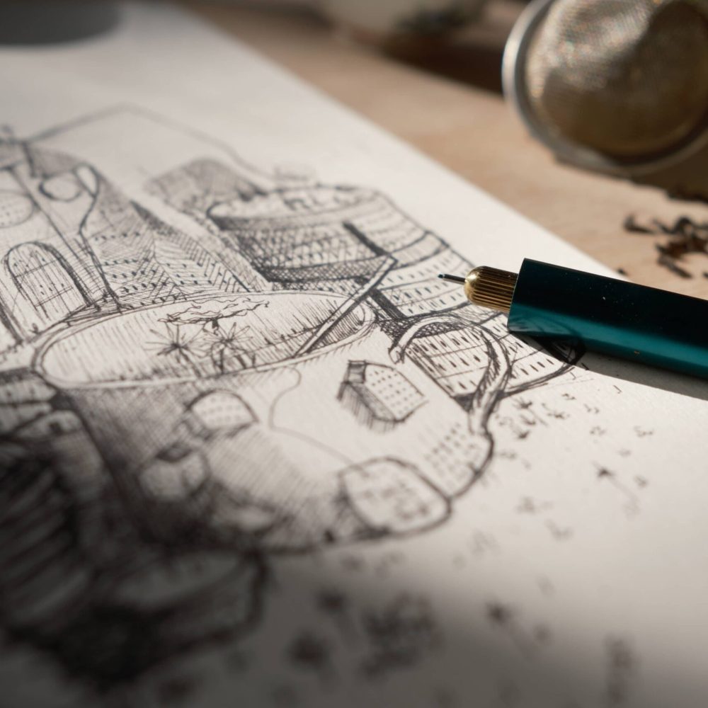 dessin ; croquis ; oeuvre originale ; atelier du lys ; Montpellier ; suzon bastide ; onirique ; rêve ; poésie ; thé ; ville ; thé en ville ; stylo ; encre ; noir ; imagination ; illustration ; reproduction