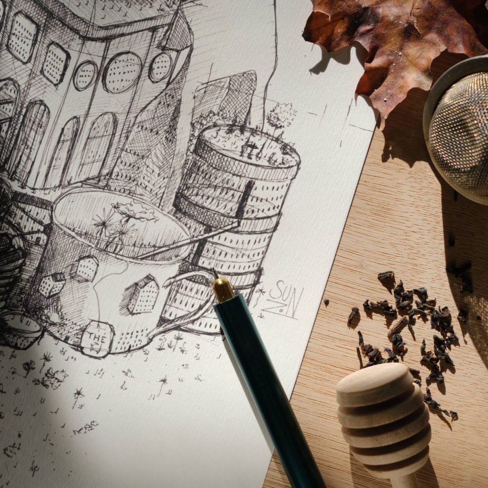 dessin ; croquis ; oeuvre originale ; atelier du lys ; Montpellier ; suzon bastide ; onirique ; rêve ; poésie ; thé ; ville ; thé en ville ; stylo ; encre ; noir ; imagination ; illustration ; reproduction