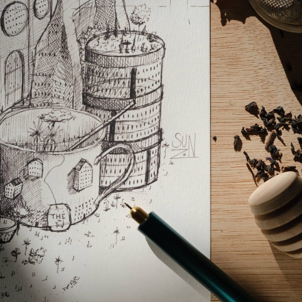 dessin ; croquis ; oeuvre originale ; atelier du lys ; Montpellier ; suzon bastide ; onirique ; rêve ; poésie ; thé ; ville ; thé en ville ; stylo ; encre ; noir ; imagination ; illustration ; reproduction
