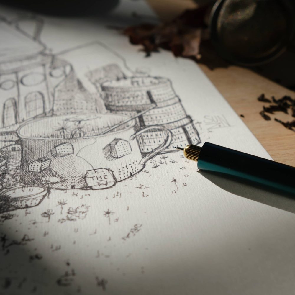 dessin ; croquis ; oeuvre originale ; atelier du lys ; Montpellier ; suzon bastide ; onirique ; rêve ; poésie ; thé ; ville ; thé en ville ; stylo ; encre ; noir ; imagination ; illustration ; reproduction